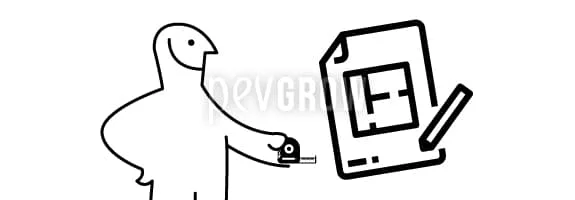 Dibujo en blanco y negro de una persona con una cinta métrica junto a un plano y un lápiz.