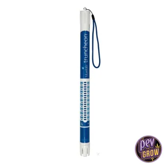 Medidor Bluelab Truncheon azul y blanco en posición vertical, con escala de indicadores y correa lateral sobre fondo blanco.