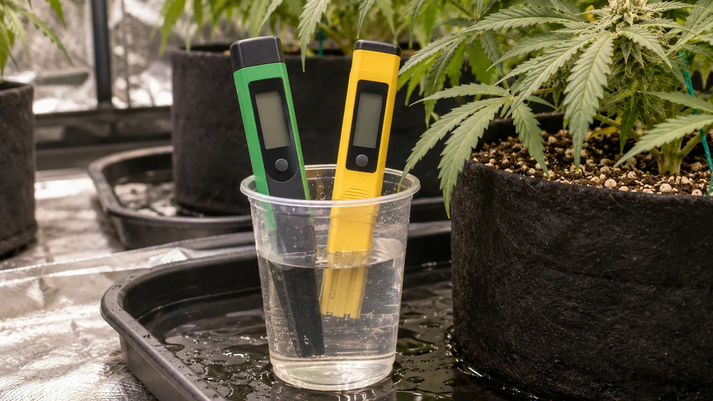 Dos medidores de bolígrafo, uno verde y otro amarillo, dentro de un vaso de agua junto a una maceta de tela con una planta de cannabis