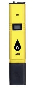 Medidor de pH amarillo con pequeña pantalla rectangular, símbolo de gota y tapa negra en el extremo inferior.