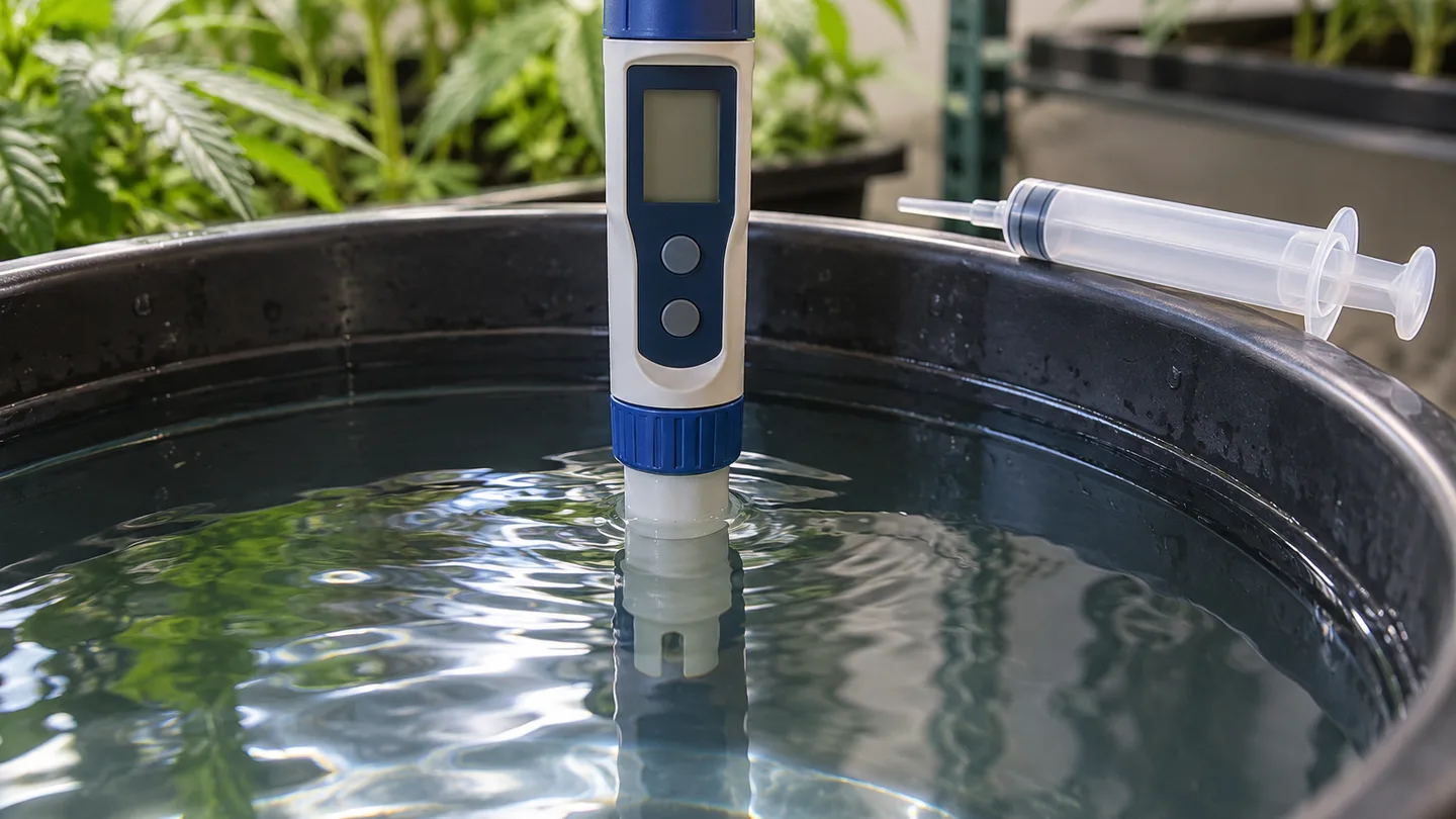 Sonda de un medidor digital sumergida en un depósito de agua transparente, con una jeringuilla dosificadora apoyada en el borde Sonda de un medidor digital sumergida en un depósito de agua transparente, con una jeringuilla dosificadora apoyada en el borde