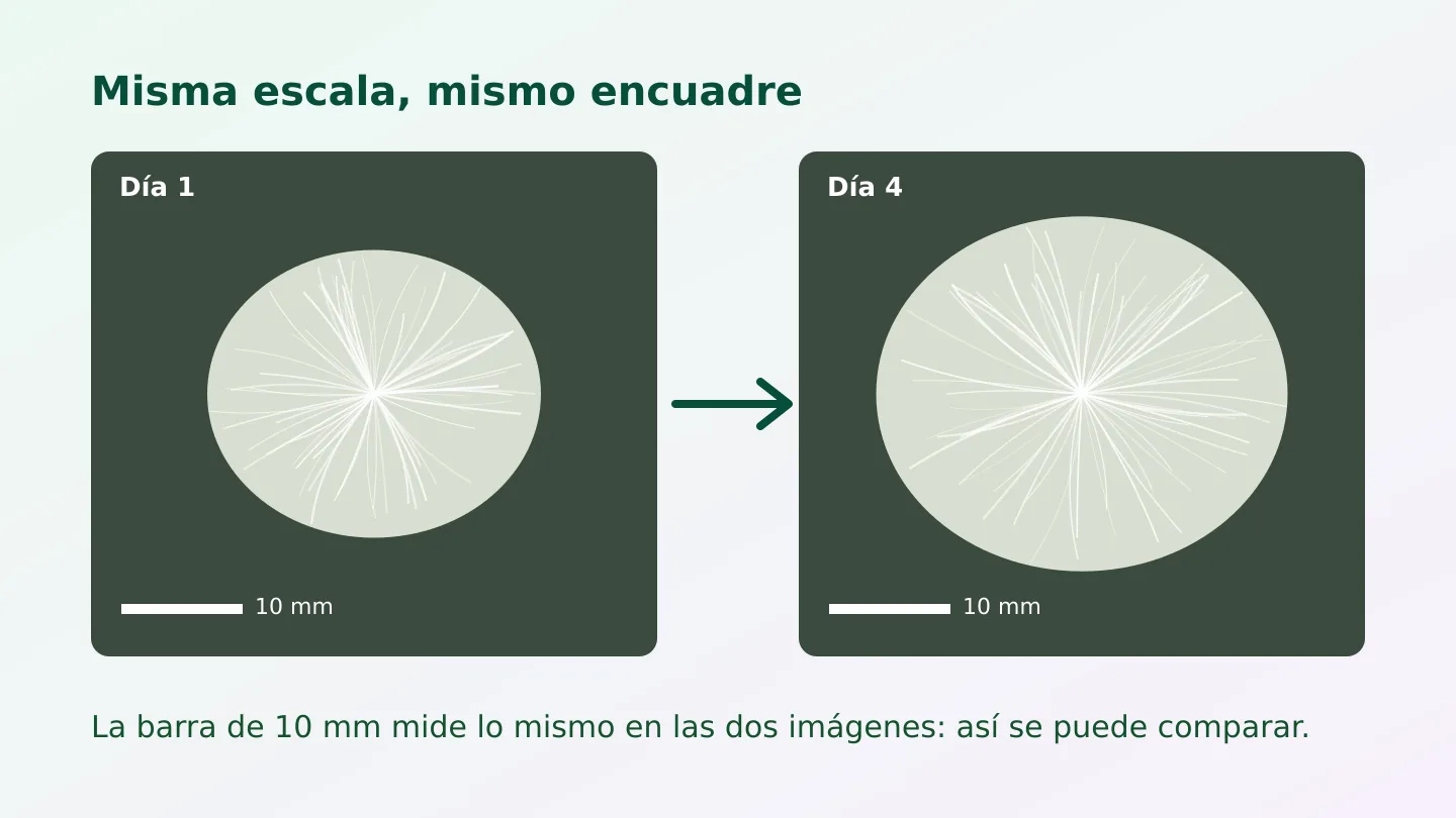 Dos recuadros oscuros con una mancha clara de filamentos, más grande a la derecha; ambos tienen una barra blanca de 10 mm y una flecha los une. Dos recuadros oscuros con una mancha clara de filamentos, más grande a la derecha; ambos tienen una barra blanca de 10 mm y una flecha los une.
