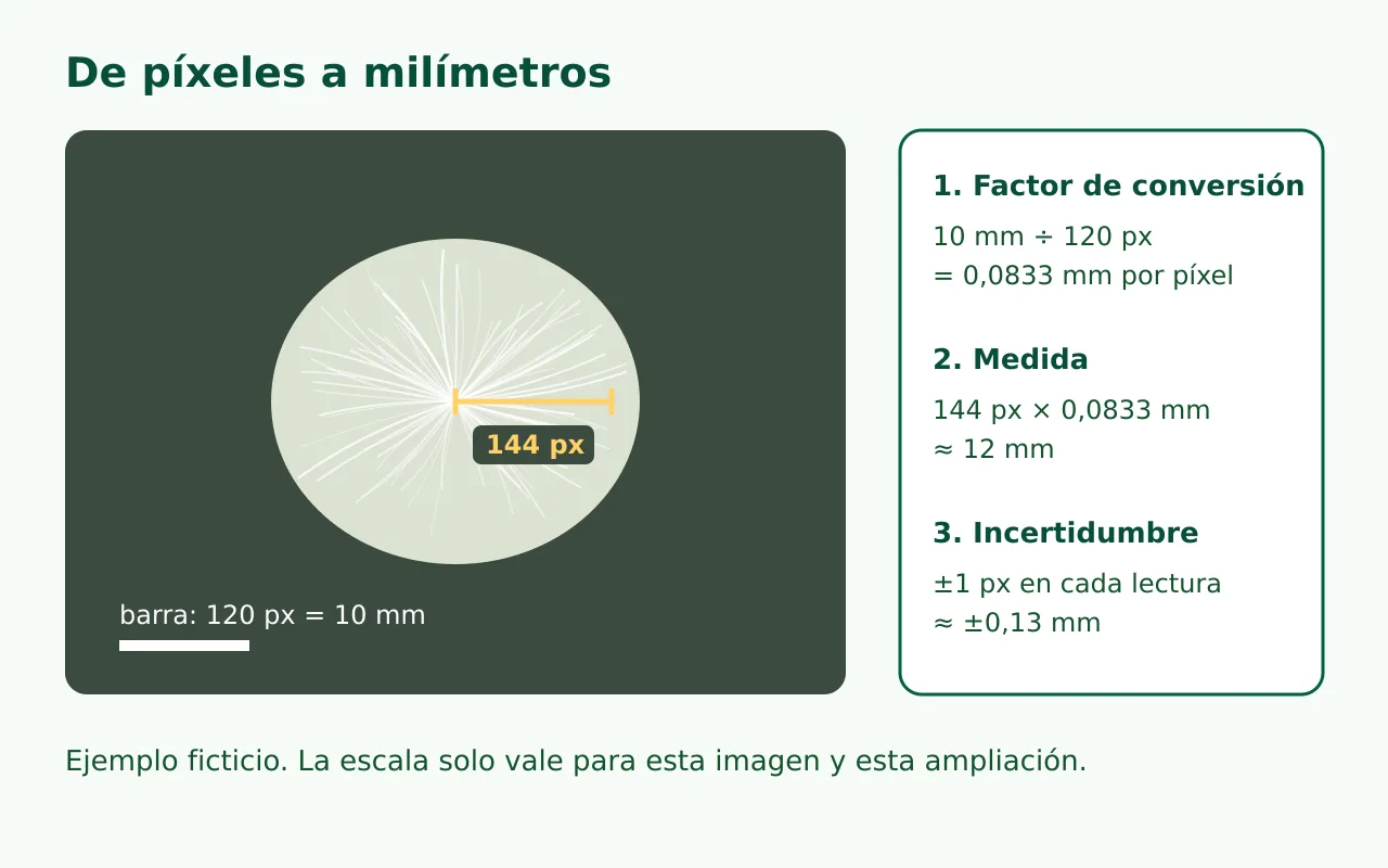 Recuadro oscuro con una mancha clara de filamentos, una barra de 120 píxeles igual a 10 mm, una distancia de 144 píxeles y tres pasos de cálculo: factor, medida de 12 mm e incertidumbre. Recuadro oscuro con una mancha clara de filamentos, una barra de 120 píxeles igual a 10 mm, una distancia de 144 píxeles y tres pasos de cálculo: factor, medida de 12 mm e incertidumbre.