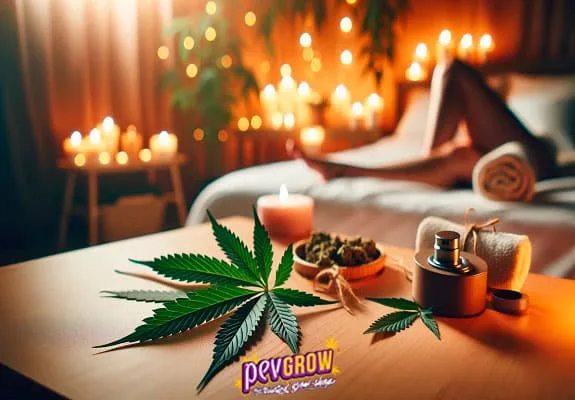 Hojas de cannabis sobre una mesa con una vela, un cuenco y pequeños recipientes, ante una camilla rodeada de velas encendidas. Hojas de cannabis sobre una mesa con una vela, un cuenco y pequeños recipientes, ante una camilla rodeada de velas encendidas.