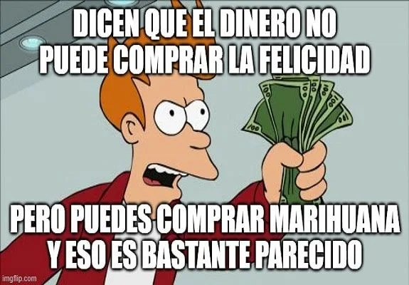 Meme de Fry sosteniendo un fajo de billetes; el texto compara comprar marihuana con comprar la felicidad. Meme de Fry sosteniendo un fajo de billetes; el texto compara comprar marihuana con comprar la felicidad.