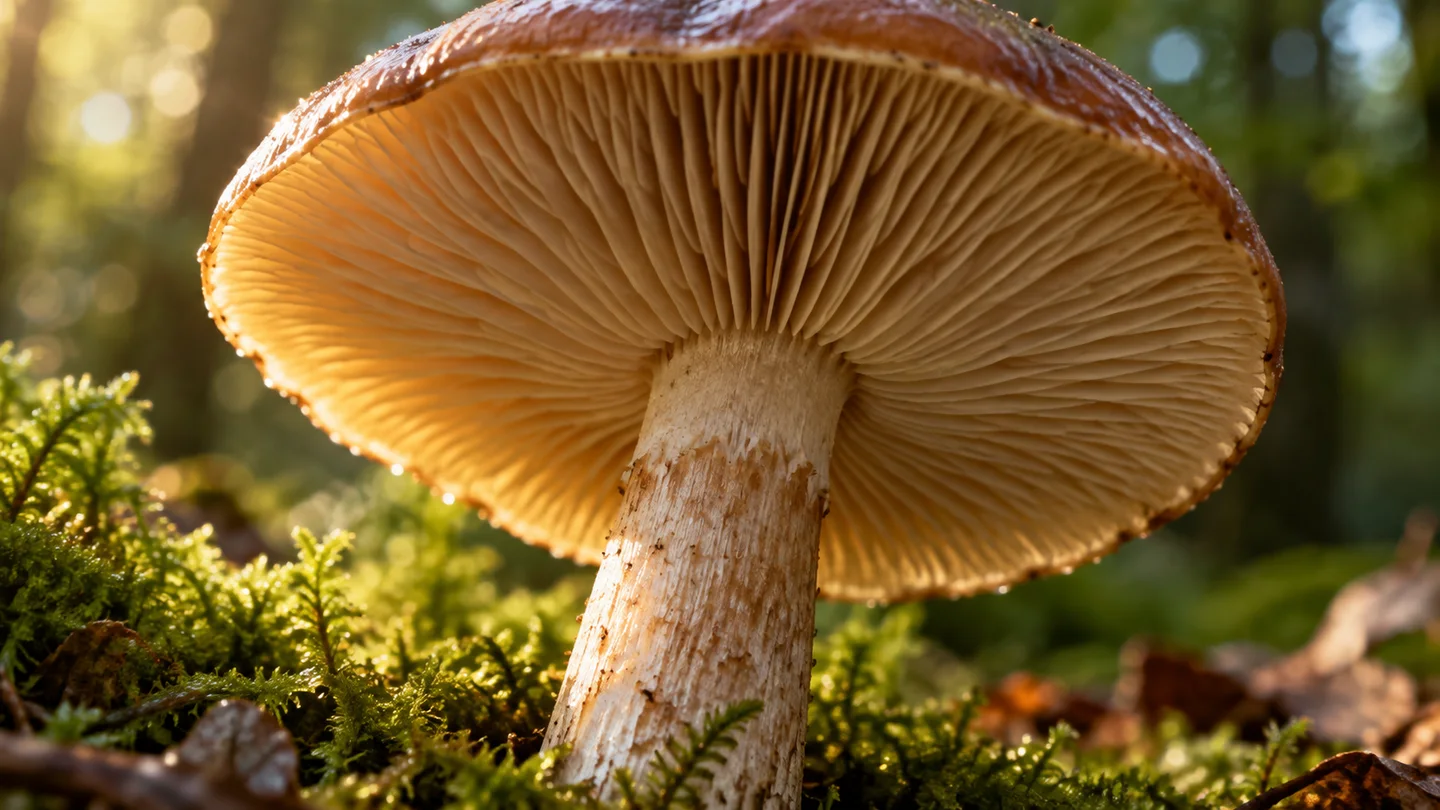 Primer plano desde abajo de una seta con láminas beige, pie grueso y sombrero marrón, entre musgo y luz cálida del bosque. Primer plano desde abajo de una seta con láminas beige, pie grueso y sombrero marrón, entre musgo y luz cálida del bosque.
