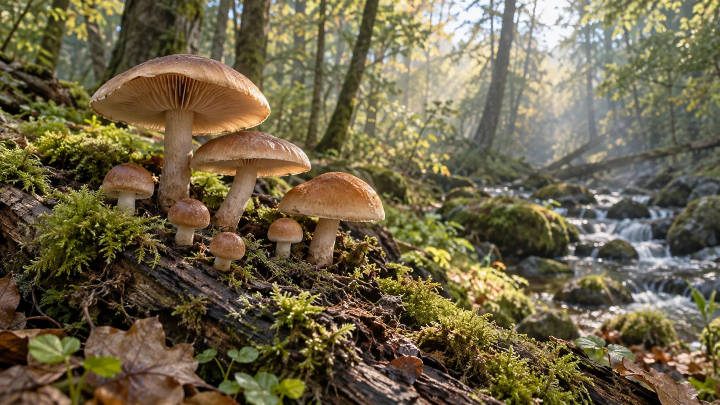 Varias setas de sombrero marrón crecen sobre un tronco cubierto de musgo, junto a un arroyo en un bosque iluminado por el sol. Varias setas de sombrero marrón crecen sobre un tronco cubierto de musgo, junto a un arroyo en un bosque iluminado por el sol.