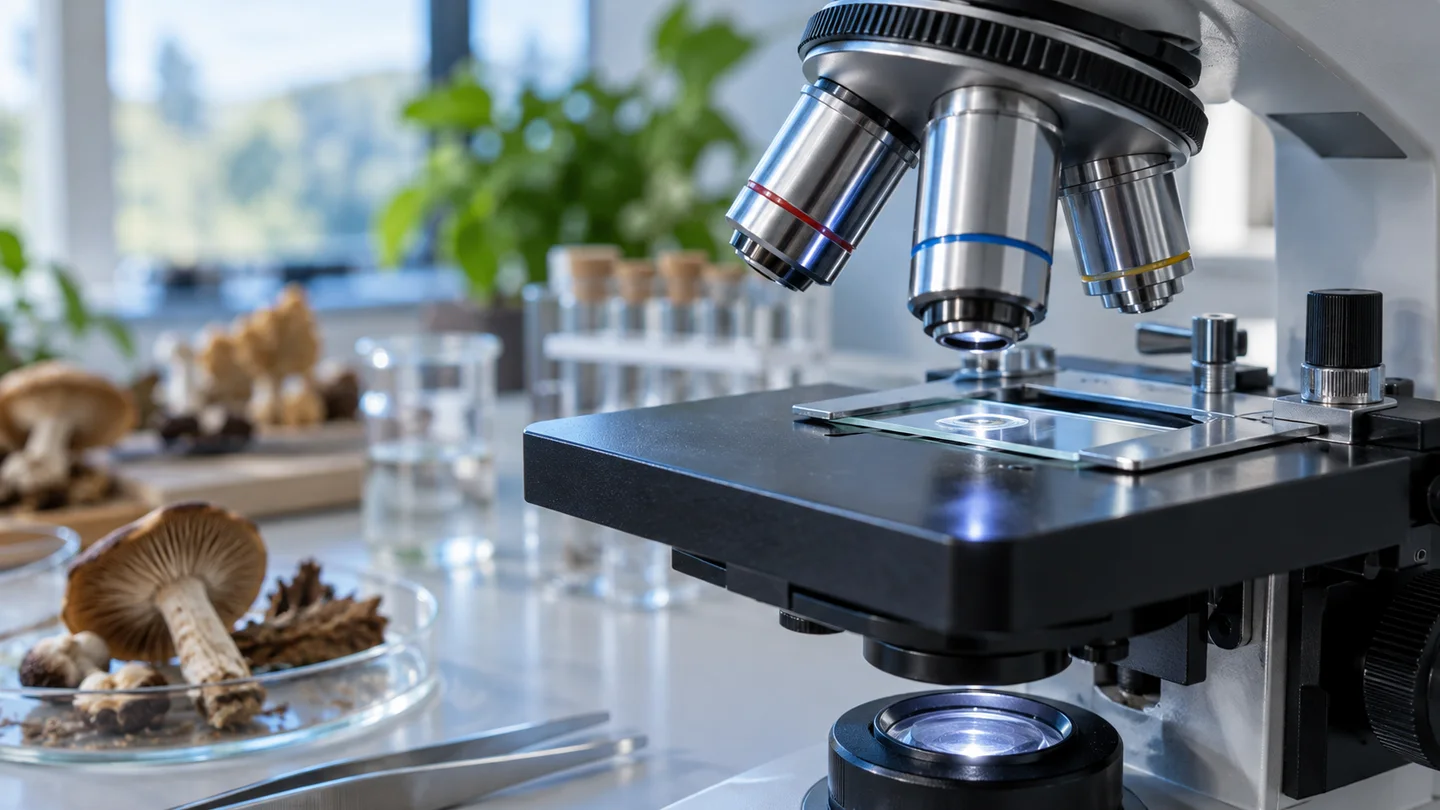 Microscopio con objetivos sobre un portaobjetos iluminado y muestras de setas en una placa sobre la mesa del laboratorio.