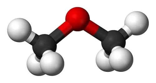 Modelo molecular de esferas y enlaces, con un átomo rojo central unido a dos grupos de esferas negras y blancas sobre fondo blanco. Modelo molecular de esferas y enlaces, con un átomo rojo central unido a dos grupos de esferas negras y blancas sobre fondo blanco.