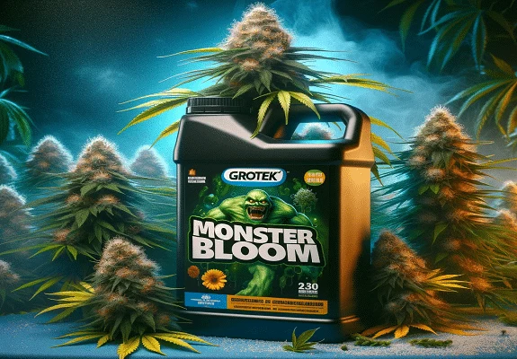 Ilustración de un envase negro con asa y etiqueta Monster Bloom de Grotek, rodeado de cogollos de cannabis sobre un fondo azul brumoso. Ilustración de un envase negro con asa y etiqueta Monster Bloom de Grotek, rodeado de cogollos de cannabis sobre un fondo azul brumoso.