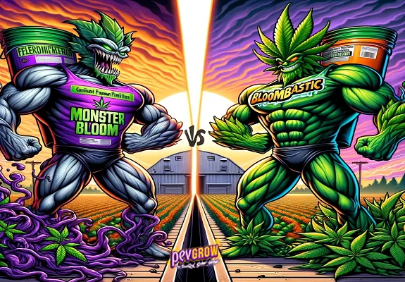 Monster Bloom y Bloombastic representados como personajes musculosos frente a frente, entre raíces moradas y hojas de cannabis, con «VS» central.