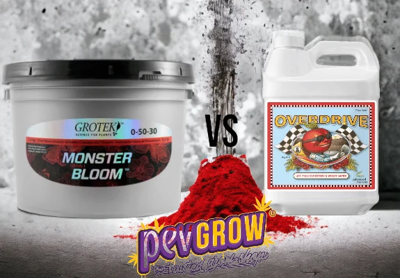Comparación visual de Monster Bloom de Grotek y Overdrive, con «VS» entre los envases y polvo rojo sobre la superficie.
