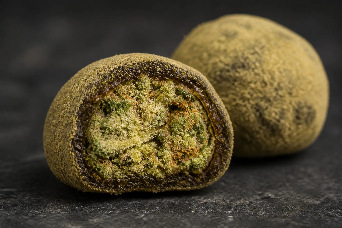Dos moonrocks sobre fondo oscuro; la del primer plano está cortada y muestra un centro vegetal verde y una capa exterior oscura.