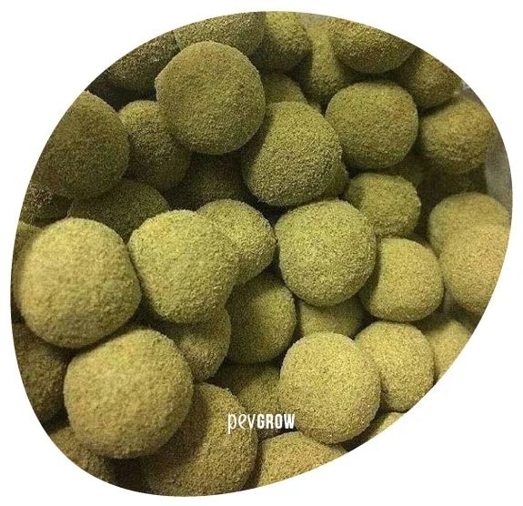 Primer plano de numerosas moonrocks redondeadas con recubrimiento granulado verde y ocre, dentro de un recorte ovalado.