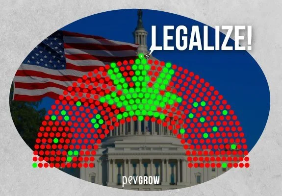 Montaje del Capitolio y la bandera estadounidense con un semicírculo de puntos rojos y verdes, una hoja de cannabis y «LEGALIZE!». Montaje del Capitolio y la bandera estadounidense con un semicírculo de puntos rojos y verdes, una hoja de cannabis y «LEGALIZE!».