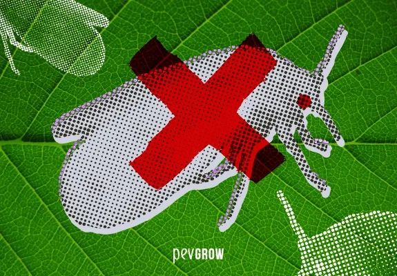Ilustración de una mosca blanca tachada con una gran cruz roja sobre una hoja verde con nervaduras visibles.