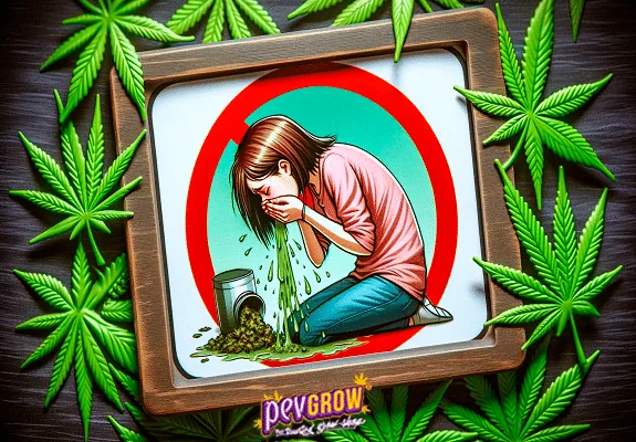 Ilustración enmarcada de una mujer arrodillada con náuseas, junto a un recipiente volcado y rodeada de hojas de cannabis. Ilustración enmarcada de una mujer arrodillada con náuseas, junto a un recipiente volcado y rodeada de hojas de cannabis.