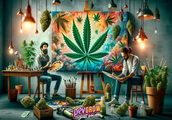 Escena artística con dos personas con paletas y pinceles ante un gran lienzo de una hoja de cannabis, entre plantas, cogollos y lámparas. Escena artística con dos personas con paletas y pinceles ante un gran lienzo de una hoja de cannabis, entre plantas, cogollos y lámparas.