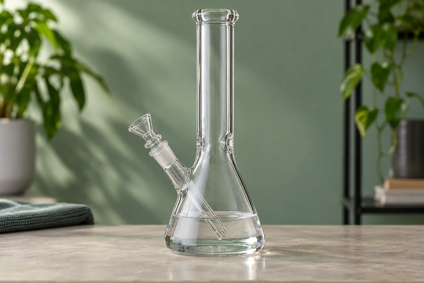 Bong transparente sobre una mesa, con agua en la base y el extremo del tubo interior sumergido; plantas desenfocadas al fondo.
