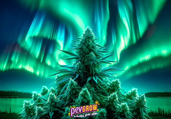 Composición de grandes cogollos de cannabis ante una aurora boreal verde sobre un lago, con el logotipo de Pevgrow en la parte inferior.