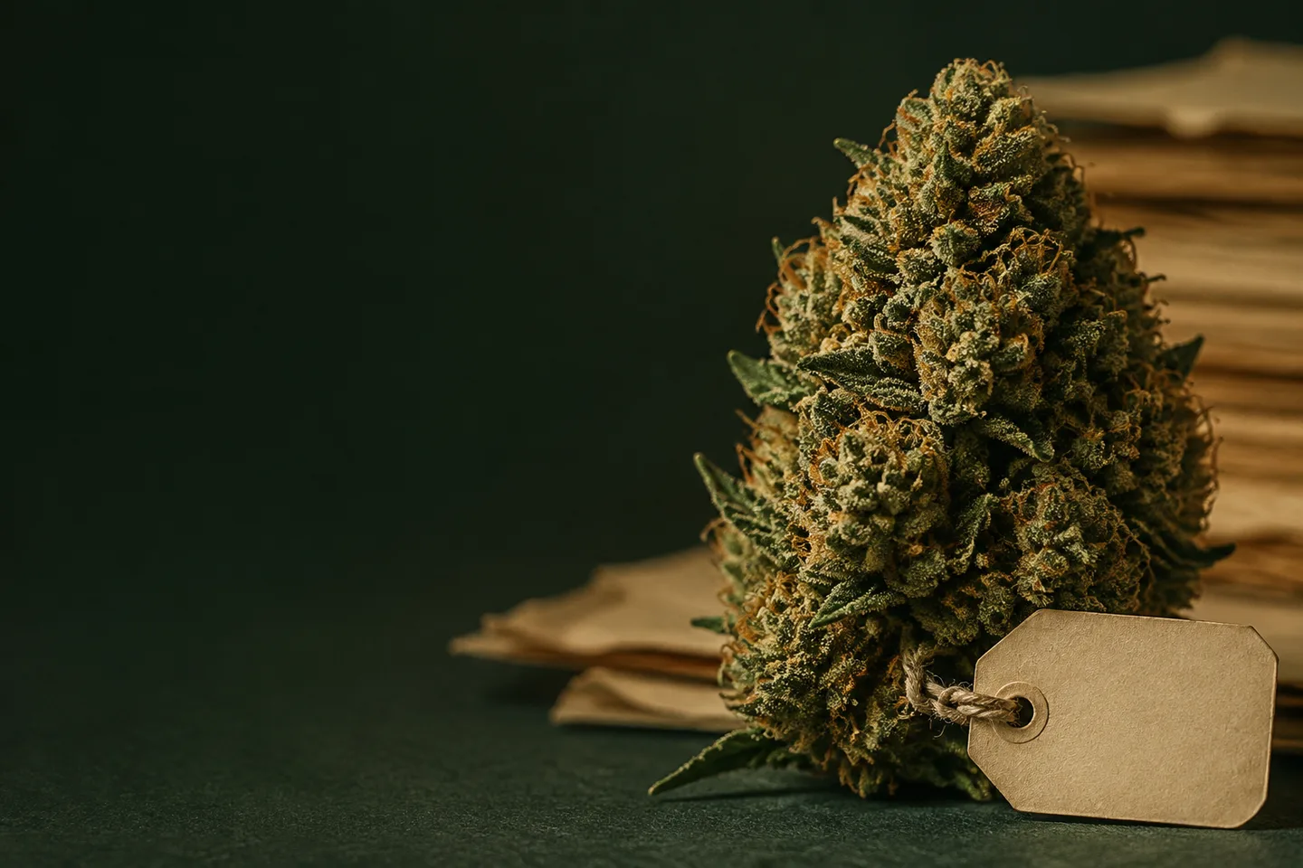 Cogollo de cannabis junto a una etiqueta marrón sin texto y papeles apilados, situado a la derecha sobre un fondo verde oscuro.