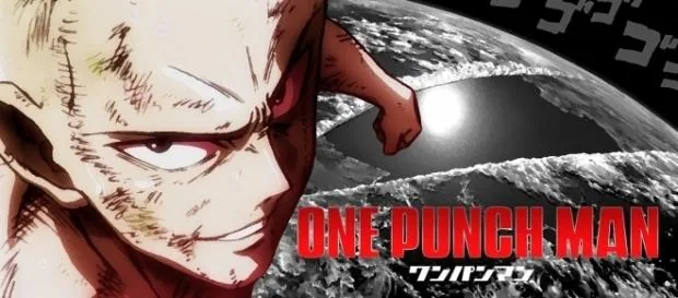 Ilustración de Saitama con media sonrisa y el puño alzado sobre un paisaje de cráteres, con el título «One Punch Man» en rojo.