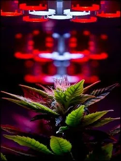 Primer plano de una planta de cannabis bajo luces LED rojas y blancas, con el fondo oscuro y desenfocado. Primer plano de una planta de cannabis bajo luces LED rojas y blancas, con el fondo oscuro y desenfocado.