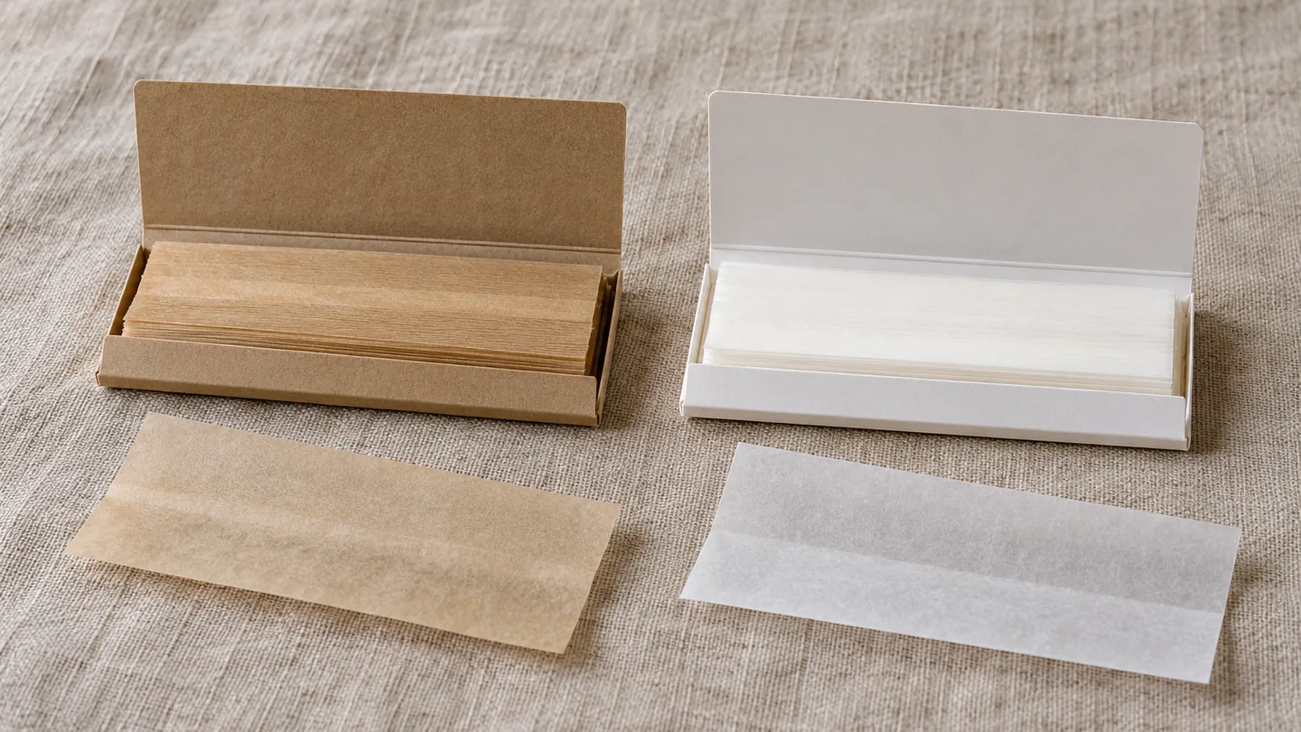 Un librillo de papel marrón sin blanquear junto a otro de papel blanco, cada uno con una hoja suelta delante, sobre un paño de lino Un librillo de papel marrón sin blanquear junto a otro de papel blanco, cada uno con una hoja suelta delante, sobre un paño de lino