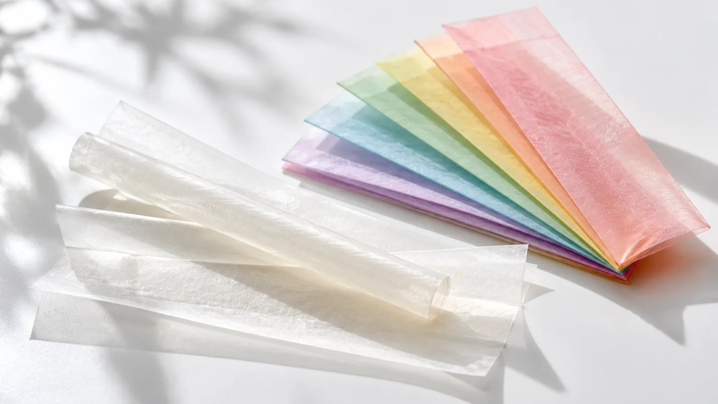 Hojas de papel transparente, una de ellas enrollada, junto a un abanico de papeles de fumar en tonos pastel sobre fondo blanco Hojas de papel transparente, una de ellas enrollada, junto a un abanico de papeles de fumar en tonos pastel sobre fondo blanco
