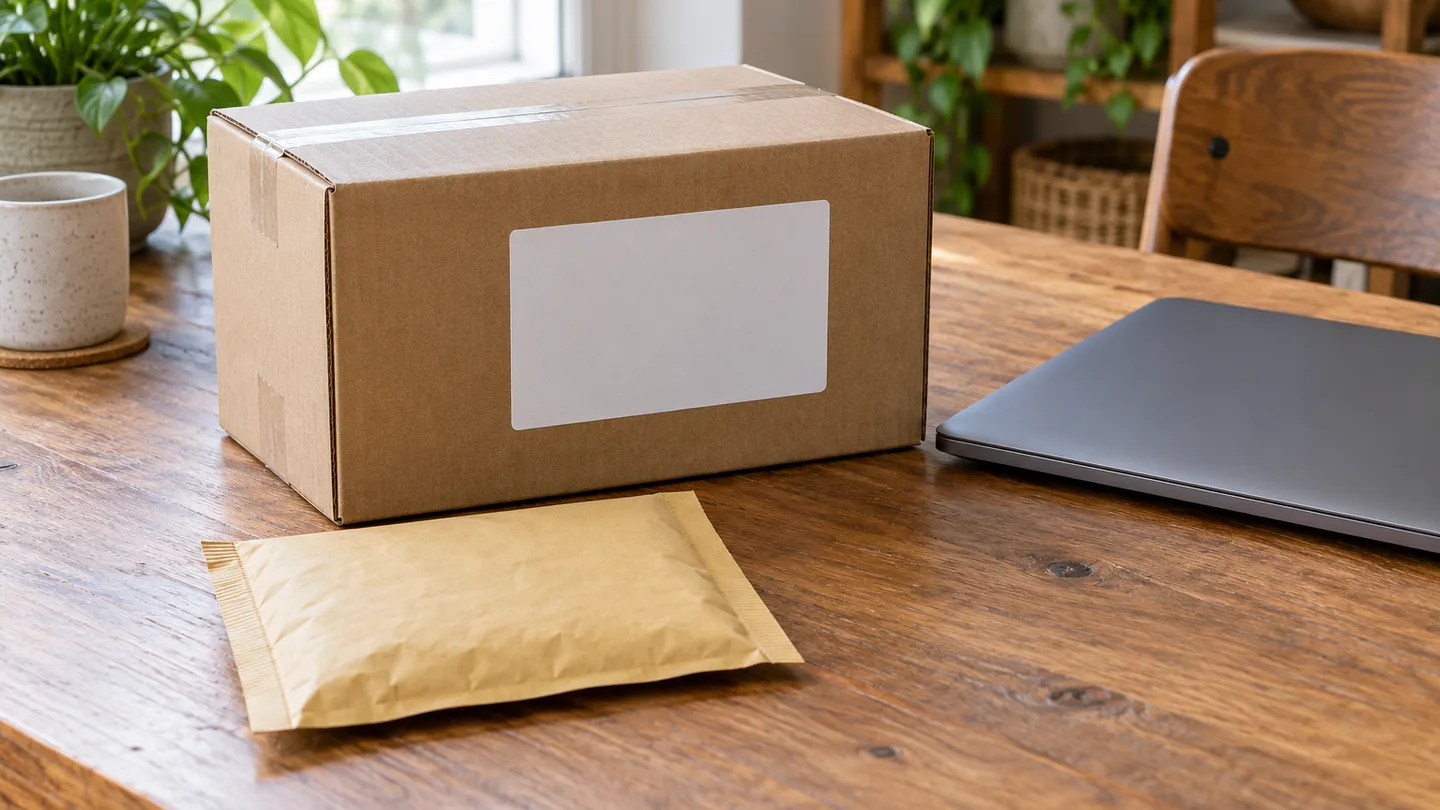 Caja de cartón marrón lisa con un sobre acolchado y una etiqueta de envío en blanco sobre una mesa de madera, junto a un portátil cerrado Caja de cartón marrón lisa con un sobre acolchado y una etiqueta de envío en blanco sobre una mesa de madera, junto a un portátil cerrado