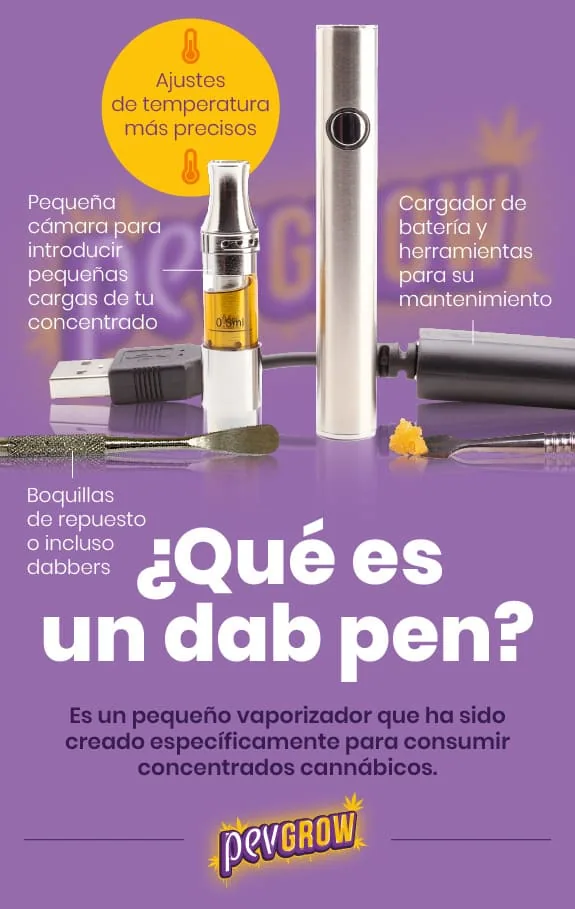 Infografía sobre qué es un dab pen, con vaporizador desmontado y textos que señalan la cámara, las boquillas y el cargador. Infografía sobre qué es un dab pen, con vaporizador desmontado y textos que señalan la cámara, las boquillas y el cargador.