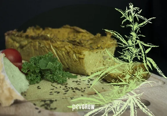 Paté cortado junto a tostadas, perejil y un tomate, con una silueta verde de una planta de cannabis superpuesta a la derecha. Paté cortado junto a tostadas, perejil y un tomate, con una silueta verde de una planta de cannabis superpuesta a la derecha.