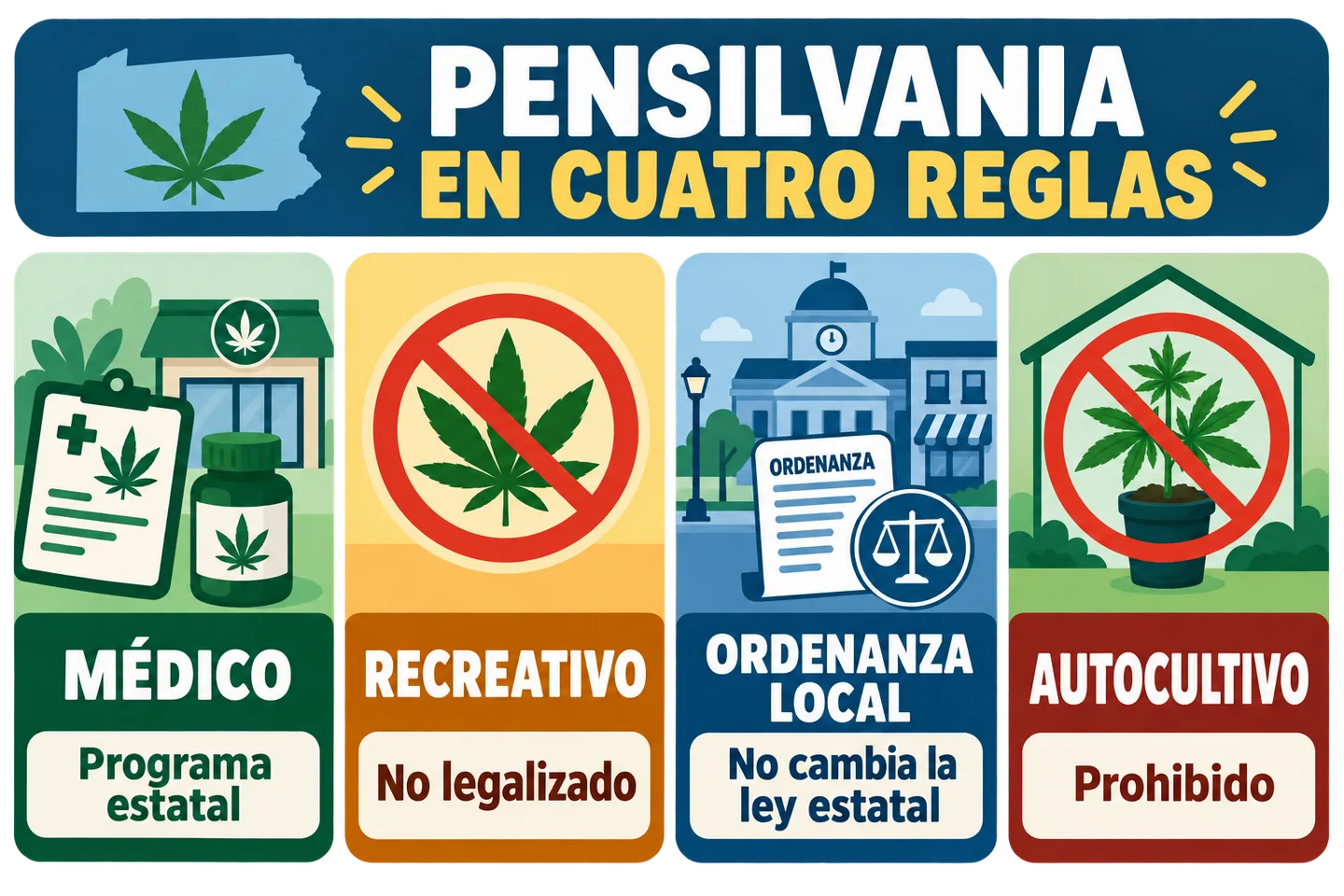 Infografía de Pensilvania con cuatro bloques sobre cannabis: médico, recreativo, ordenanza local y autocultivo, con símbolos ilustrados. Infografía de Pensilvania con cuatro bloques sobre cannabis: médico, recreativo, ordenanza local y autocultivo, con símbolos ilustrados.