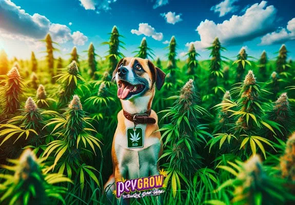 Escena ilustrada de un perro con la lengua fuera entre plantas de cannabis, con una placa de hoja de cannabis en el collar. Escena ilustrada de un perro con la lengua fuera entre plantas de cannabis, con una placa de hoja de cannabis en el collar.