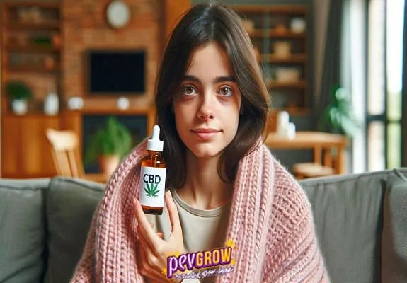 Persona sentada en un sofá, envuelta en una manta rosa, que sostiene junto al rostro un frasco con cuentagotas y etiqueta «CBD». Persona sentada en un sofá, envuelta en una manta rosa, que sostiene junto al rostro un frasco con cuentagotas y etiqueta «CBD».