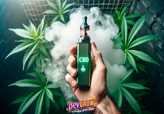 Una mano sostiene un vapeador verde con las letras «CBD», rodeado de una nube blanca y hojas de cannabis.