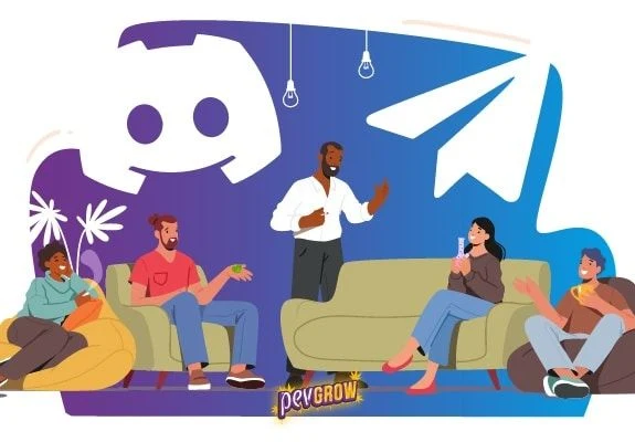 Ilustración de cinco personas reunidas entre sofás, con grandes símbolos de Discord y Telegram al fondo.