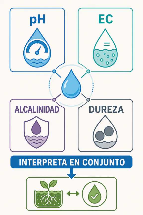 Infografía que conecta pH, EC, alcalinidad y dureza del agua con una gota central y el mensaje «Interpreta en conjunto».