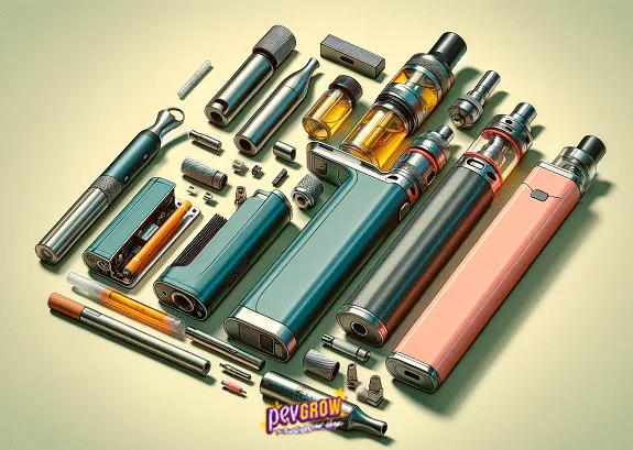 Ilustración de varios vapeadores de distintos formatos junto a carcasas, baterías, depósitos y pequeñas piezas separadas. Ilustración de varios vapeadores de distintos formatos junto a carcasas, baterías, depósitos y pequeñas piezas separadas.