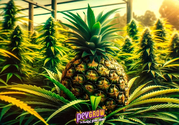 Composición de una piña entre hojas de cannabis, con plantas en flor al fondo y luz dorada en un invernadero.