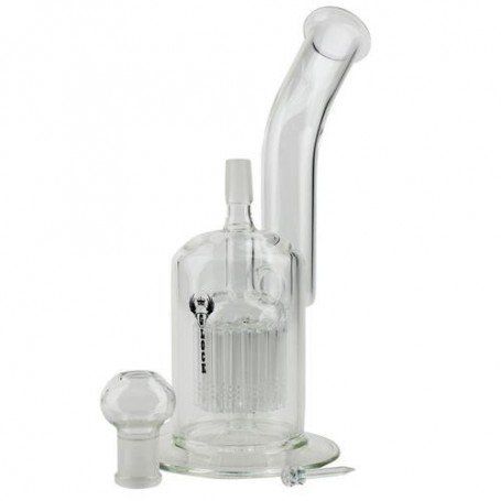 Pipa de agua transparente con boquilla curvada y cámara de tubos internos, junto a dos accesorios separados sobre fondo blanco.