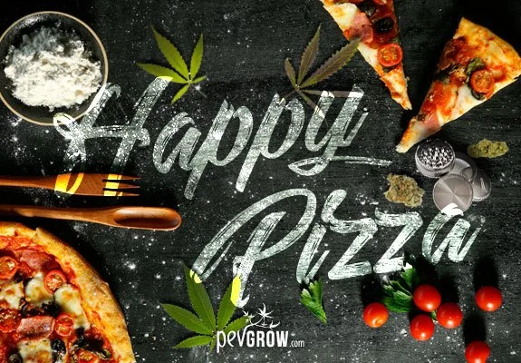 Composición con el texto «Happy Pizza», porciones de pizza, hojas de cannabis, tomates, harina, utensilios y un grinder sobre fondo oscuro. Composición con el texto «Happy Pizza», porciones de pizza, hojas de cannabis, tomates, harina, utensilios y un grinder sobre fondo oscuro.