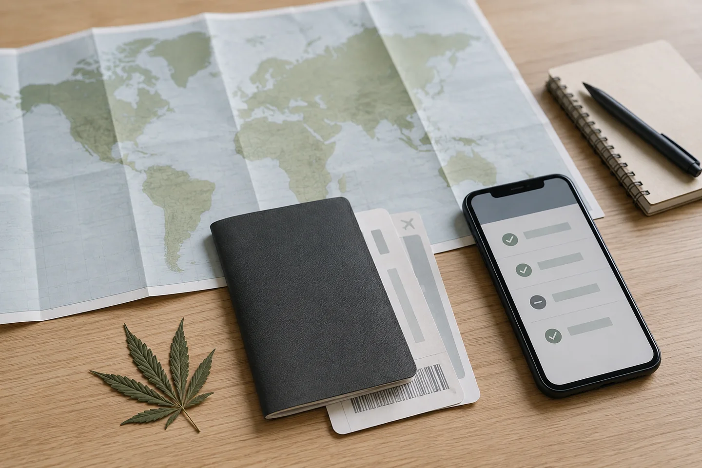 Mapa desplegado junto a un pasaporte, billetes de avión, una hoja de cannabis y un móvil con una lista de comprobación. Mapa desplegado junto a un pasaporte, billetes de avión, una hoja de cannabis y un móvil con una lista de comprobación.