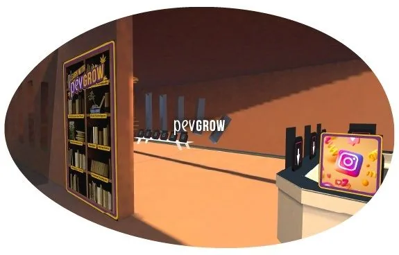 Interior de una tienda virtual de tonos anaranjados, con un panel de Pevgrow, expositores y una pantalla con el icono de Instagram. Interior de una tienda virtual de tonos anaranjados, con un panel de Pevgrow, expositores y una pantalla con el icono de Instagram.