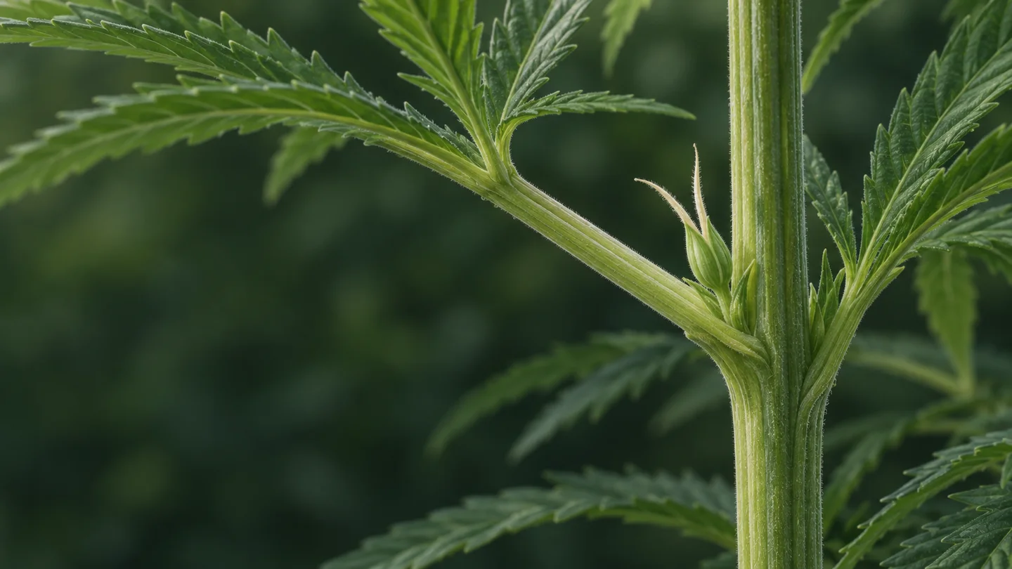 Detalle del nudo de un tallo de cannabis con una preflor de la que sobresalen dos filamentos claros, junto a hojas dentadas. Detalle del nudo de un tallo de cannabis con una preflor de la que sobresalen dos filamentos claros, junto a hojas dentadas.