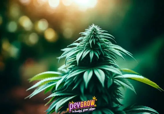 Parte superior de una planta de cannabis a contraluz, con hojas dentadas, fondo desenfocado y logotipo de Pevgrow en la base. Parte superior de una planta de cannabis a contraluz, con hojas dentadas, fondo desenfocado y logotipo de Pevgrow en la base.