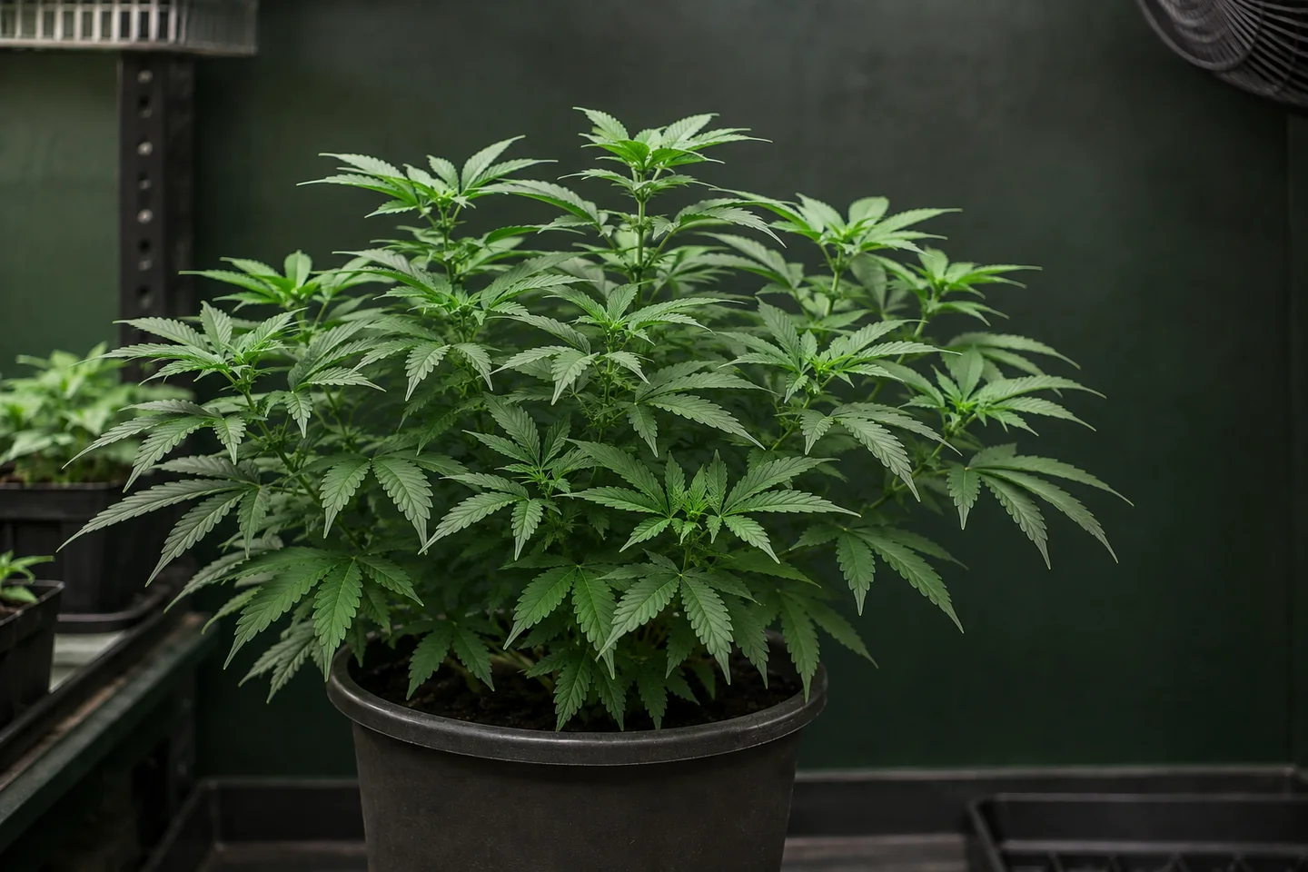 Planta frondosa de cannabis en maceta negra dentro de un espacio de cultivo, con numerosas ramas y un ventilador al fondo.
