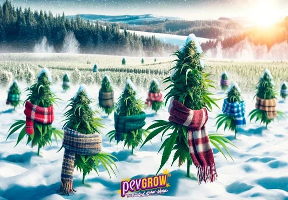 Escena ilustrada de plantas de cannabis con bufandas de cuadros en un campo nevado, con bosque al fondo y luz de sol en el horizonte. Escena ilustrada de plantas de cannabis con bufandas de cuadros en un campo nevado, con bosque al fondo y luz de sol en el horizonte.