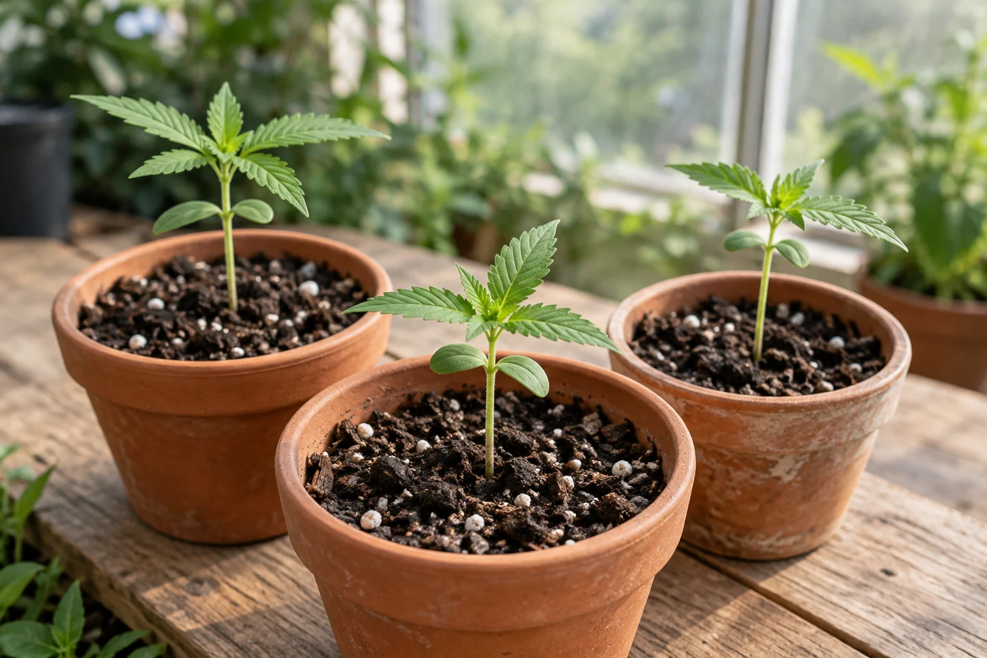 Tres plántulas de cannabis en macetas de barro, con cotiledones ovalados y hojas dentadas, sobre una mesa junto a una ventana.