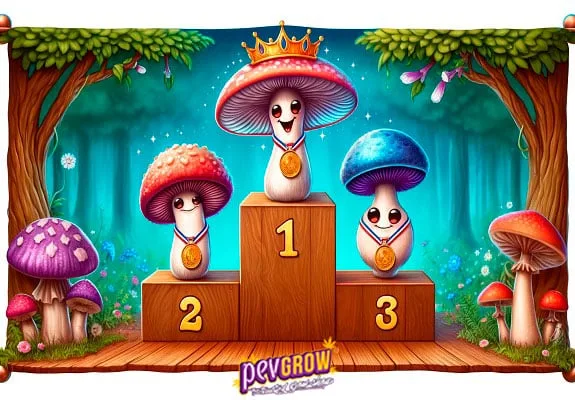 Ilustración de tres hongos sonrientes con medallas en un podio numerado; el ganador lleva corona en un bosque de fantasía. Ilustración de tres hongos sonrientes con medallas en un podio numerado; el ganador lleva corona en un bosque de fantasía.